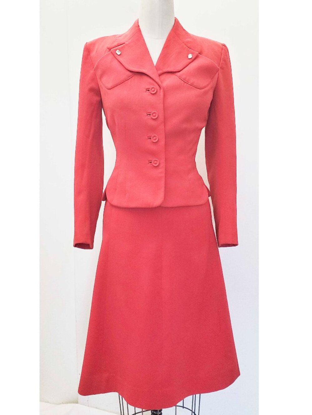 Vintage 40s Roos Bros Women's Red Pink Coral Skirt Suit Blazer Gabardine XS